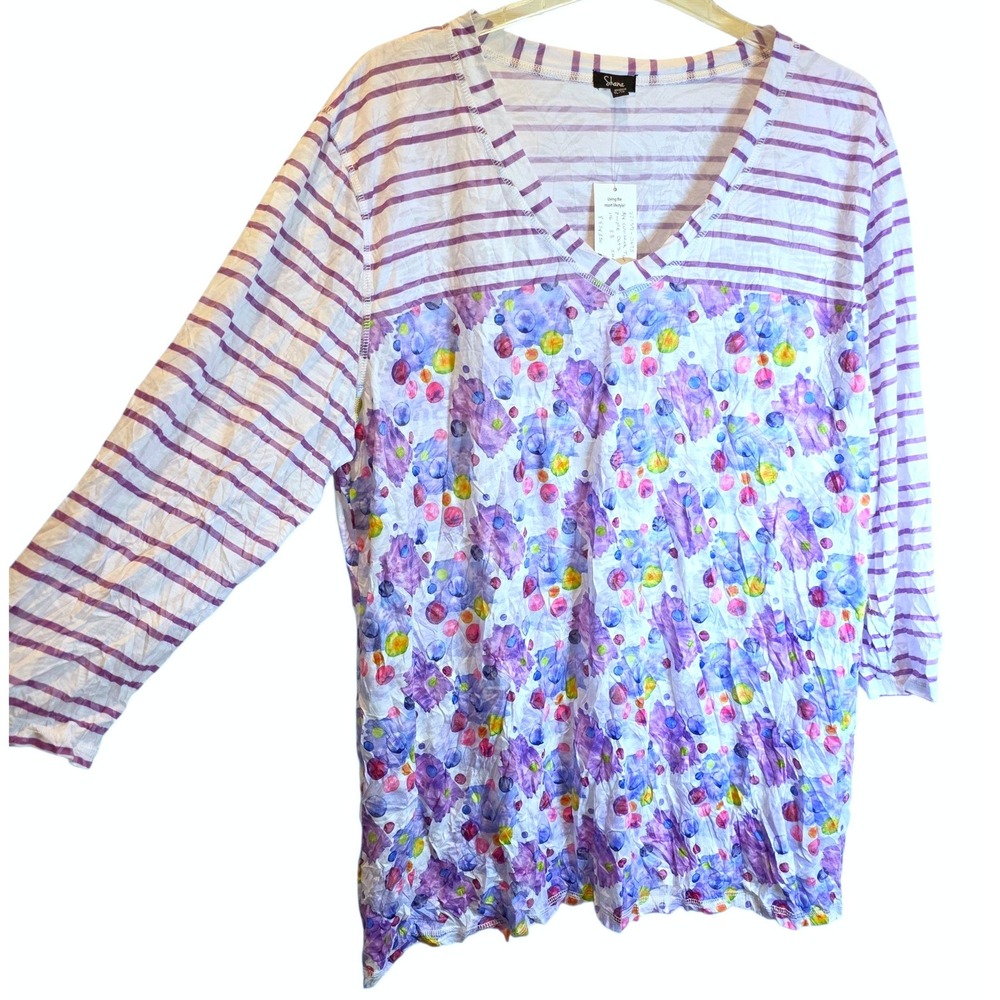 Shana Floral Stripe 3/4 Sleeve V-Neck Tunic Top XL Purple Blue3/ - Picture 2 of 15